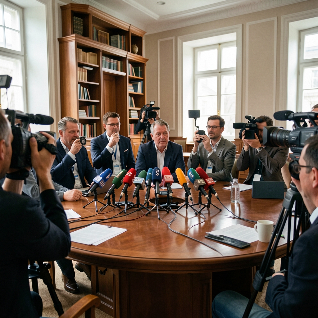 Skupina novinara na tiskovnoj konferenciji u dvorani s mikrofon stalcima i kamerama u prvom planu