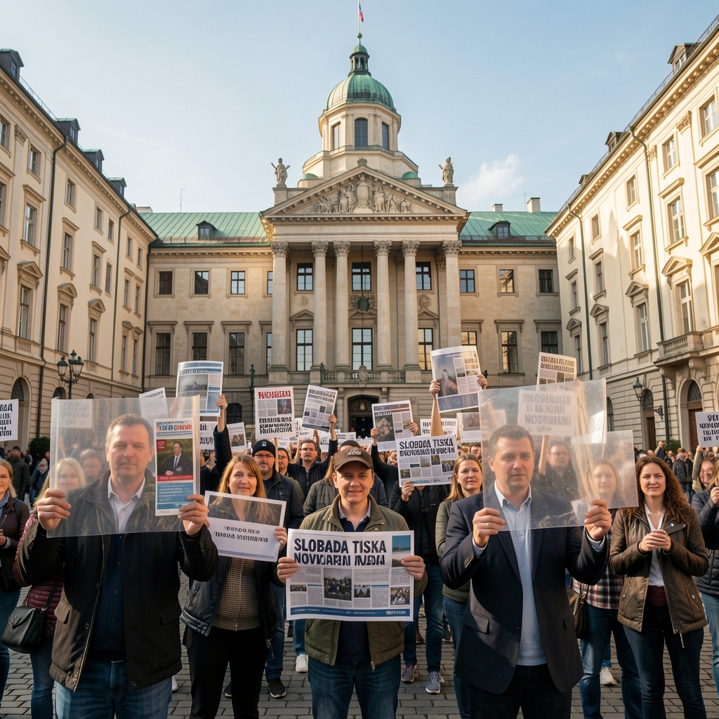 Sloboda tiska - novinari na prosvjedu s transparentima ispred vladine zgrade u europskom gradu