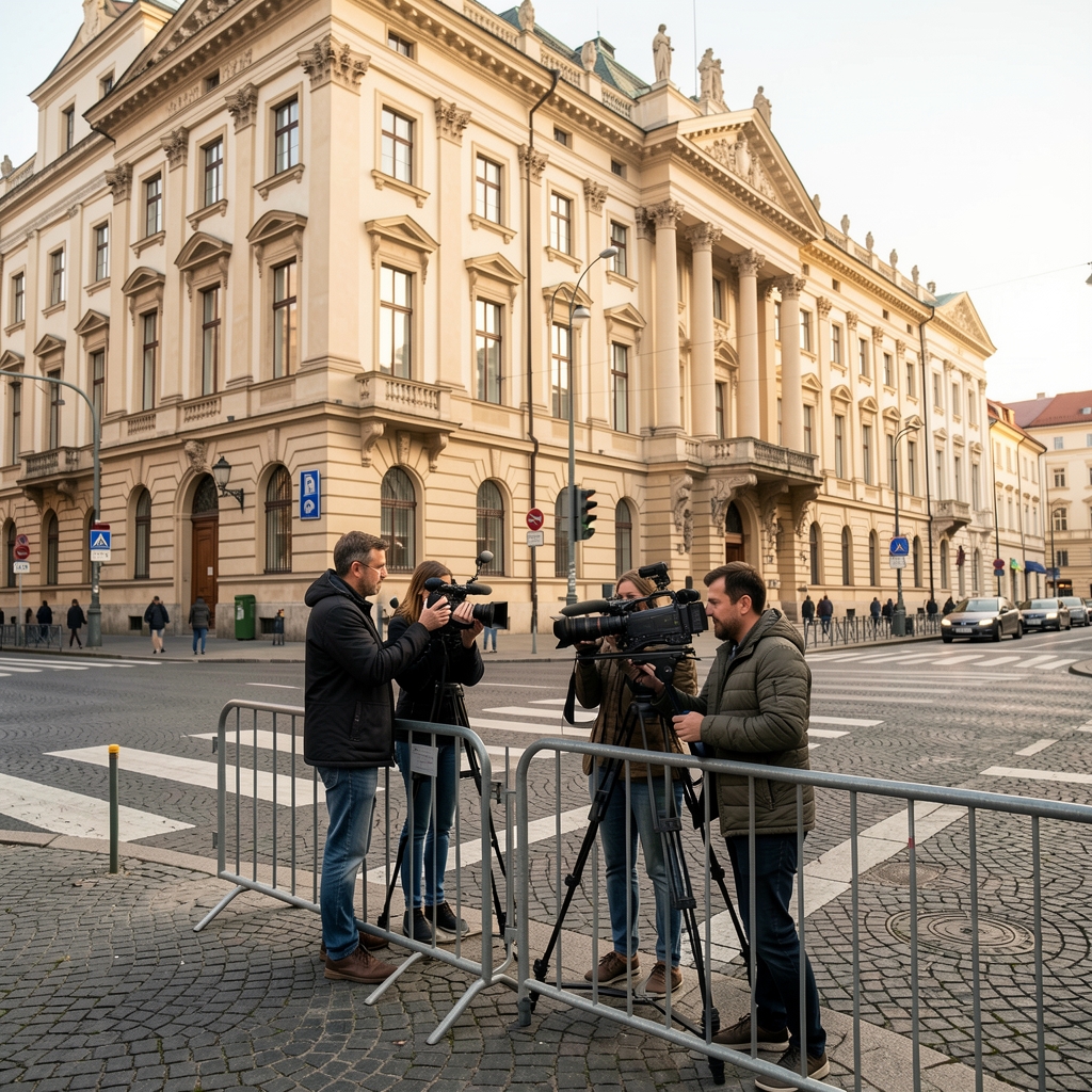 Novinari s mikrofonima i kamerama čekaju ispred zgrade sudnice, naslonjeni uz metalne ograde na raskrsnici u centru Zagreba