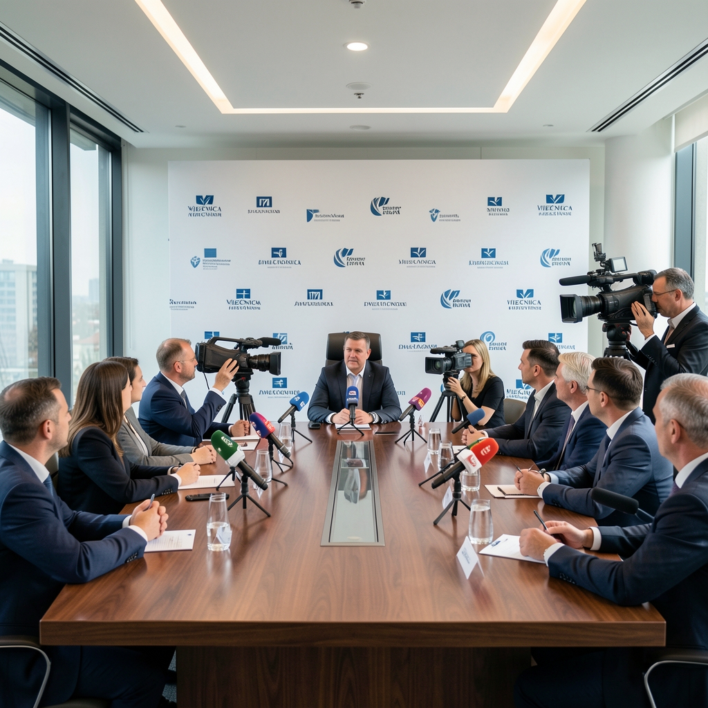 Vijećnica s novinarima, kamerama i mikrofon stalcima na tiskovnoj konferenciji u modernoj dvorani s korporativnim logotipima u pozadini