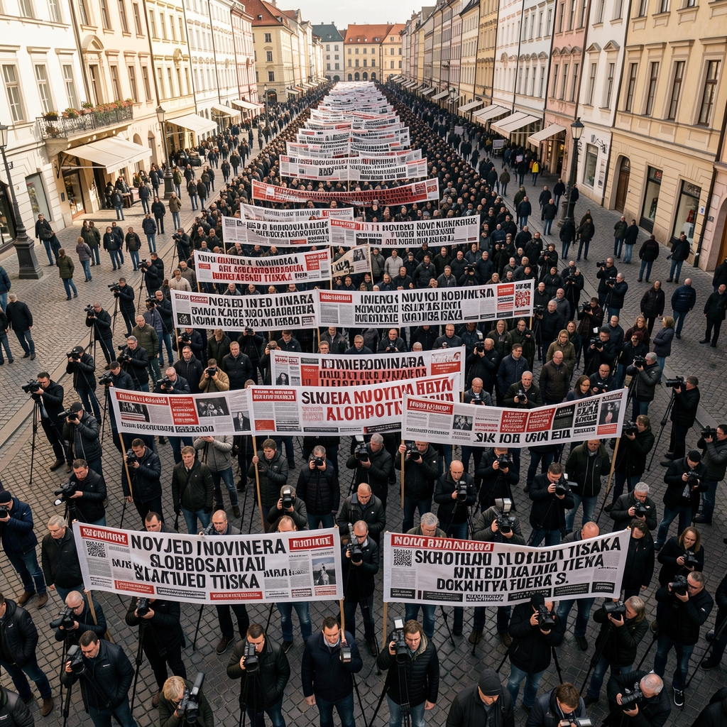 Prosvjed novinara na gradskom trgu s transparentima koji zahtijevaju slobodu tiska, fotografirano iz ptičje perspektive s vidljivim mnoštvom